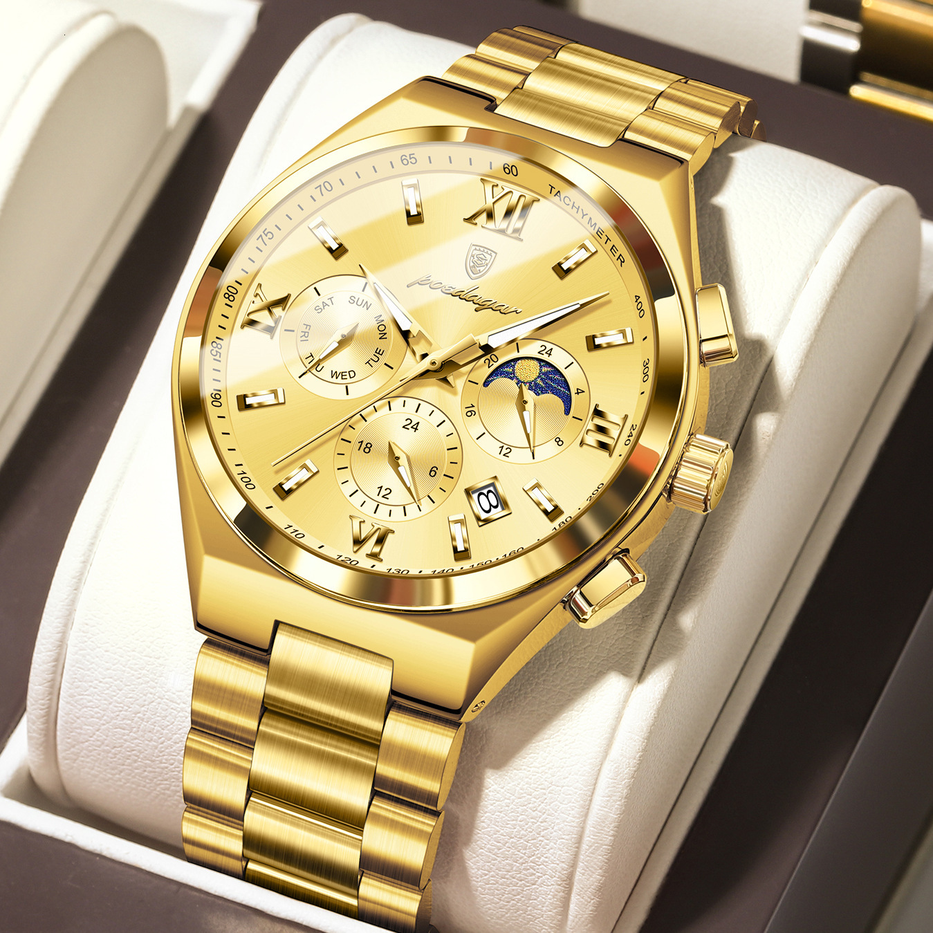Luxury Chronograph 2026 Steel Mens POEDAGAR Stainless Moon Phase Designer Wristwatch Fashion Waterproof Luminous Business Quartz Watch