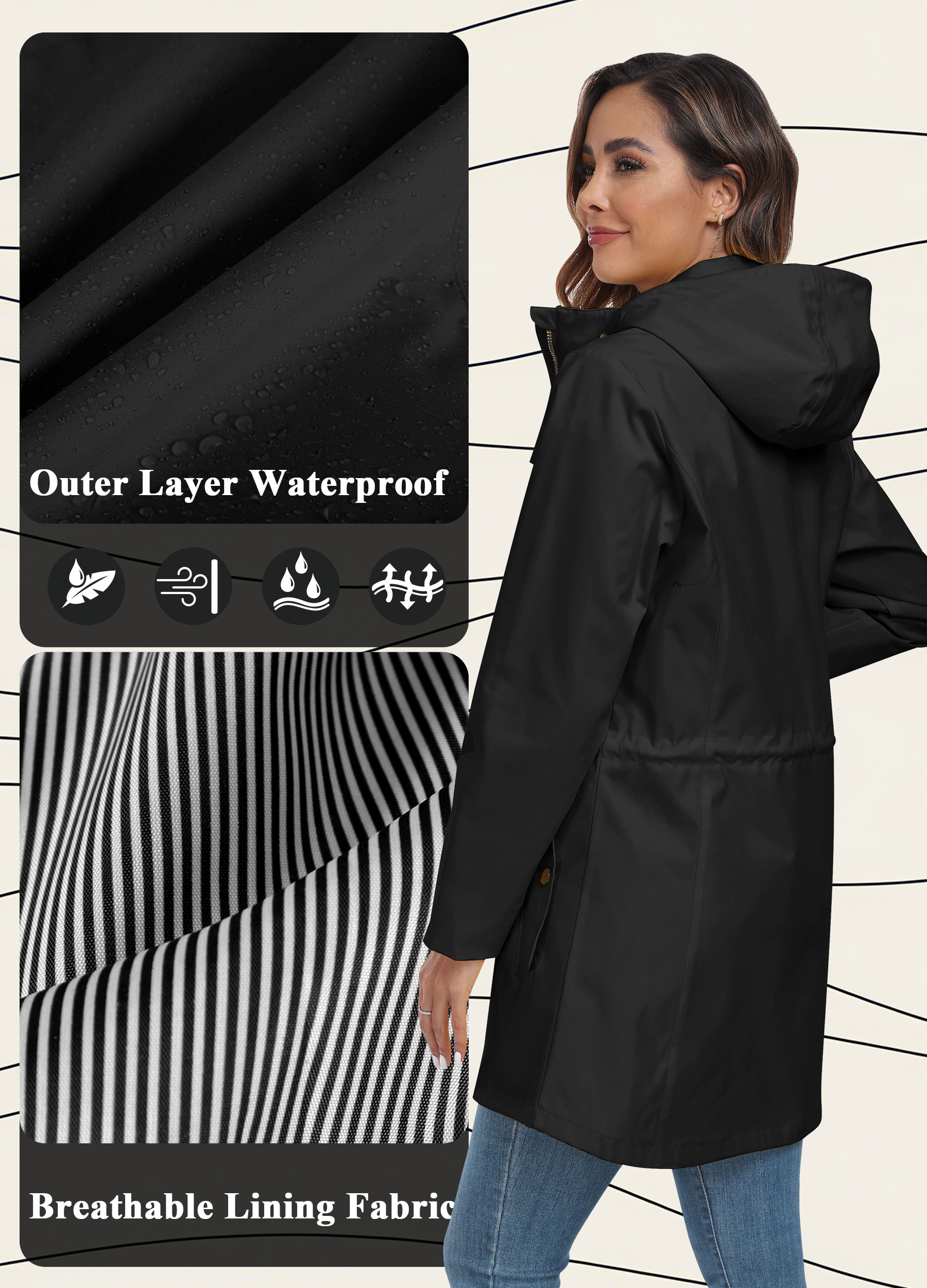 Women's Water-resistant Fleece-Lined Coat, Windproof Outdoor Jacket with Detachable Hood for Hiking, Camping, Travel & Daily Wear