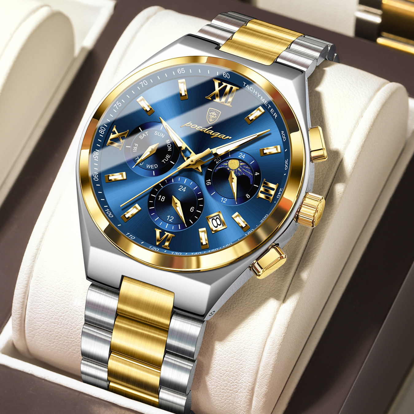 Luxury Chronograph 2026 Steel Mens POEDAGAR Stainless Moon Phase Designer Wristwatch Fashion Waterproof Luminous Business Quartz Watch