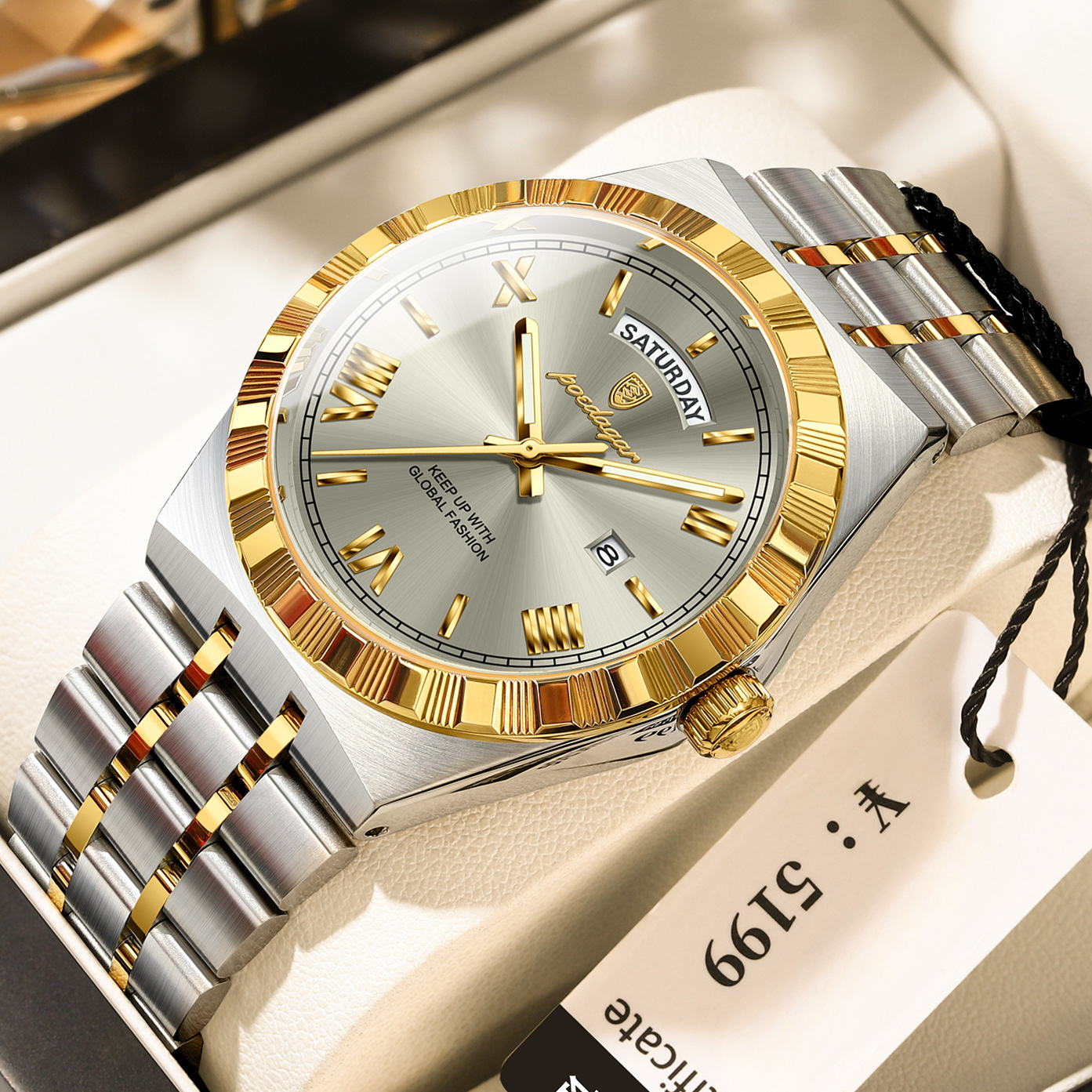 2026 Men's POEDAGAR Steel Designer Fluted Stainless Bezel Roman Numeral Quartz Watch Luxury Waterproof Luminous Business Casual Wristwatch