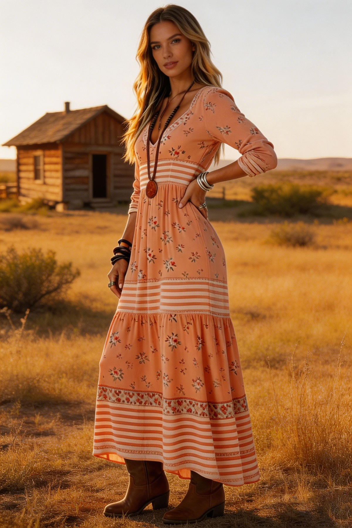 Orange Boho Floral Maxi Dress | Western Vacation Outfit Sunset Striped Tiered Dress | Boho Chic for Fall 2026