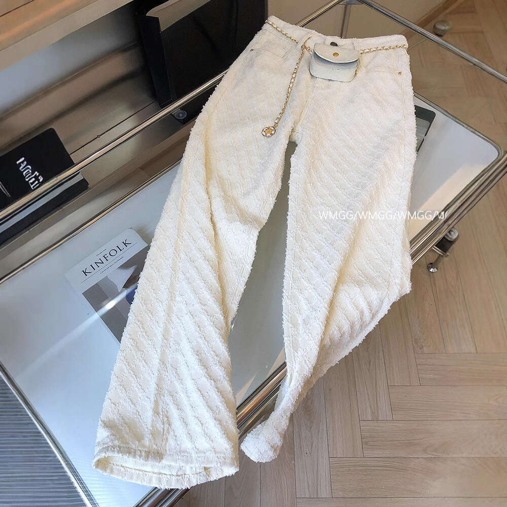 Stylish Chan Inspired Plaid White Straight-Leg Jeans For Women, Spring/Summer, Loose-Fitting, Slimming, Wide-Leg, Floor-Length Pants Makoufei
