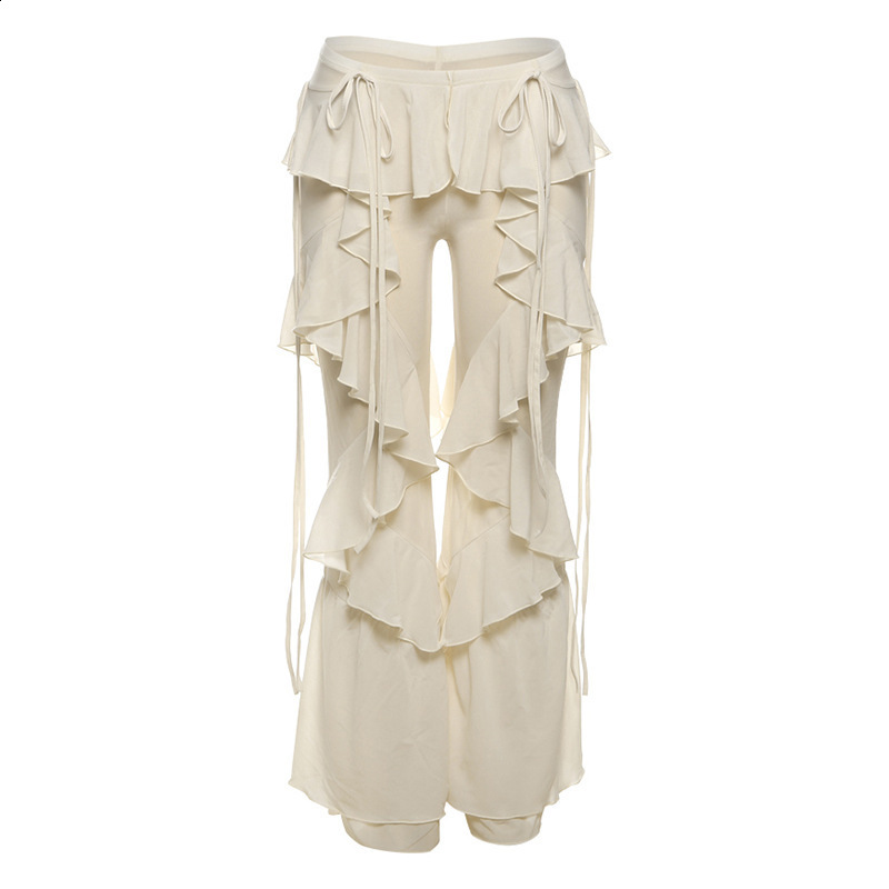 Women Ruffle Flare Pants y2k Solid Low Rise Stretch Bell Bottom Trousers Rave Club Streetwear 240809