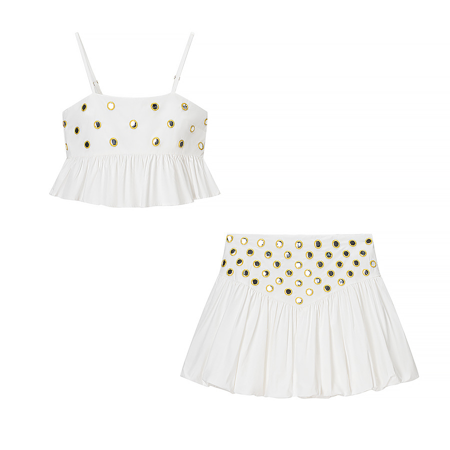 Summer 2026 2Pcs Set Metal Decor Ruched Cami Top & Mini Skirt Women Party Streetwear