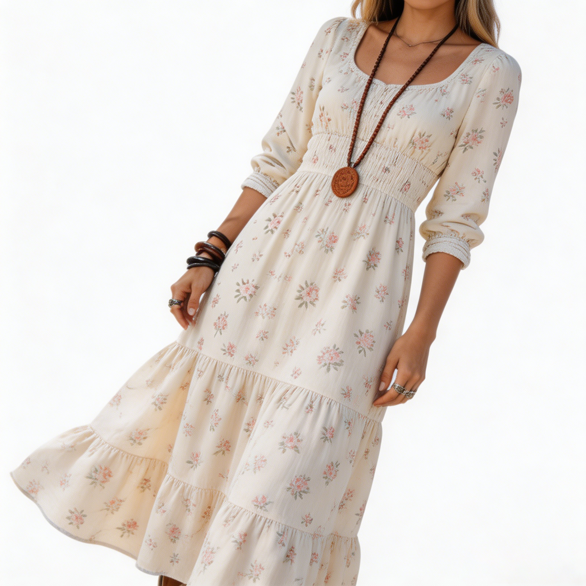 Women's Cream Ditsy Floral Tiered Maxi Dress Deep V Neck Long Sleeve High Waist Boho Casual Vacation Dress