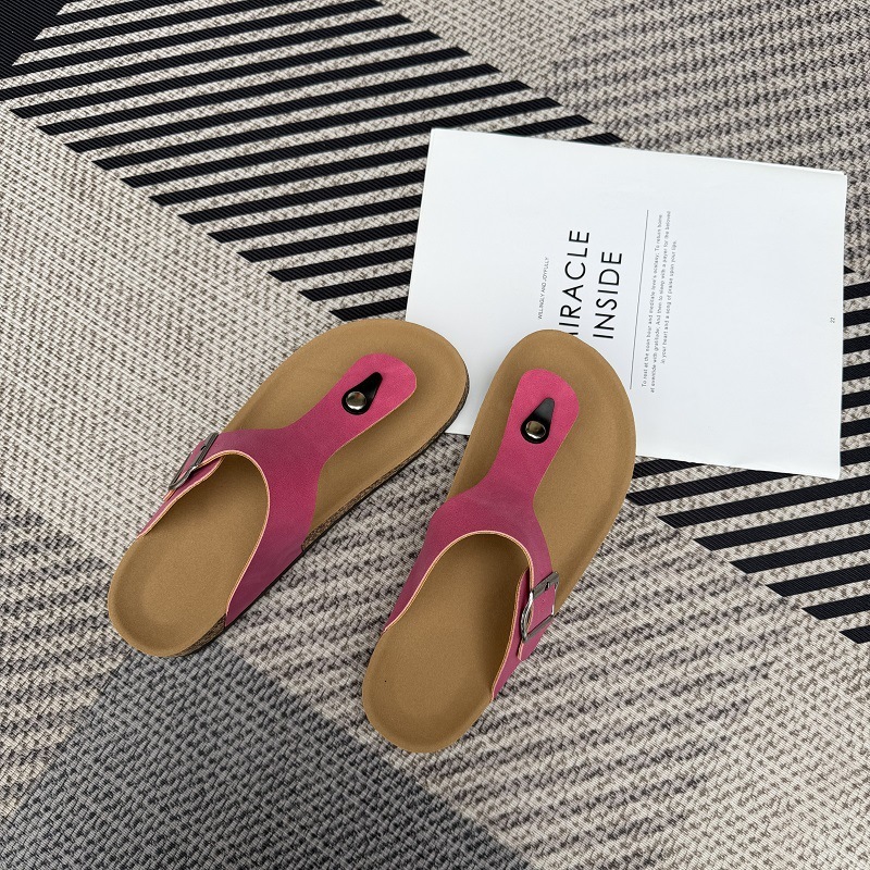 Women's T-Strap Cork Footbed Flip Flops Adjustable Buckle Summer Flat Sandals Casual Multi-Color Slides big size