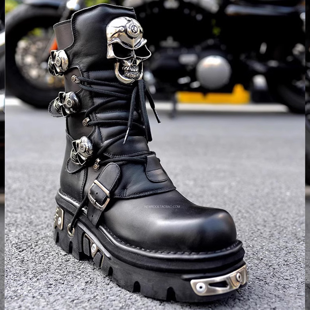 Designer shoe Top Layer Cowhide Handmade Skull Punk High Tube Men Harley Davidson Metal Motorcycle Fashion Gifts Thick Sole Couple - view 1
