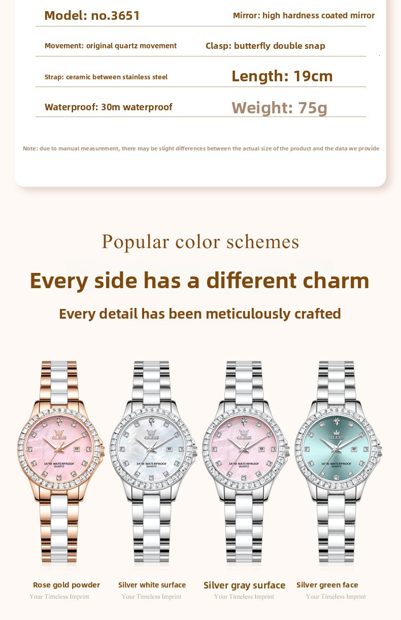 OLEVS Luxury Womens Designer Watch Diamond Bezel Ceramic and Stainless Steel Strap Mother of Pearl Dial Date Display Waterproof Quartz Wristwatch for 