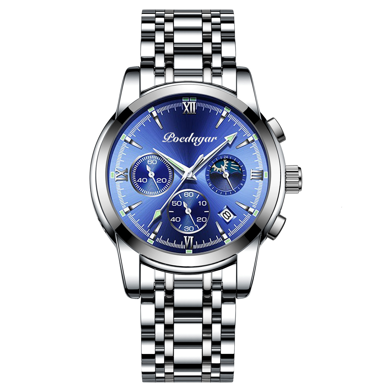 Multi Mens Chronograph Luxury 2026 POEDAGAR Strap Moon Phase Designer Wristwatch Fashion Waterproof Luminous Business Casual Quartz Watch