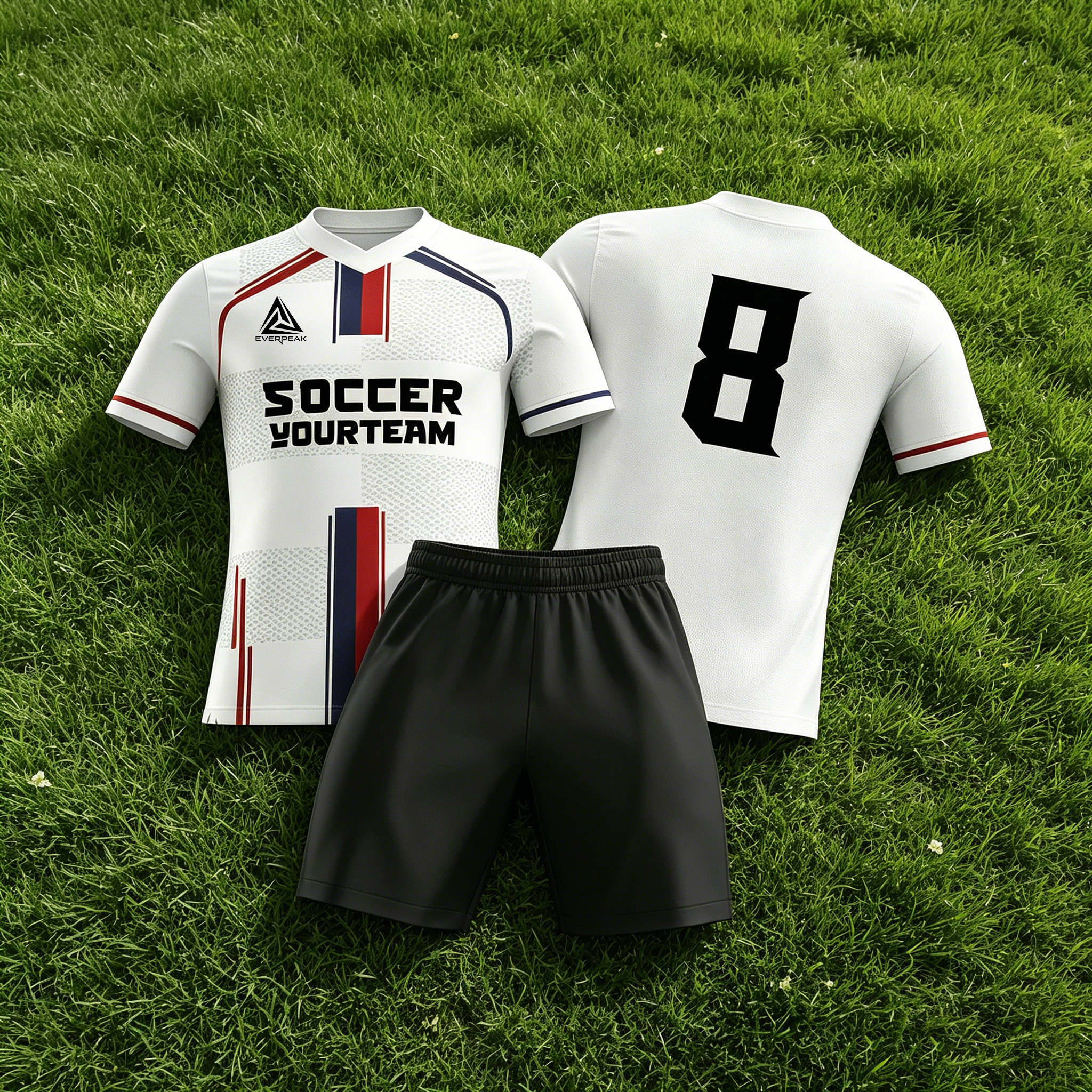 Custom Soccer Jersey Set Men White with Red Blue Vertical Stripe Football Uniform with Shorts Personalized Name Number Breathable Quick Dry Kit - view 4