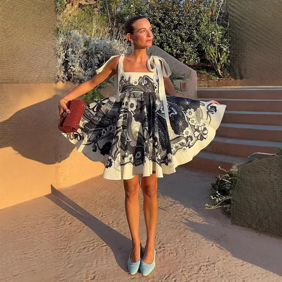 Vintage Flower Print Short Dress Women Fashion Elegant Bowknot Leace-up Spaghetti Strap Mini Dresses 2026 Summer Female 260529 - view 3