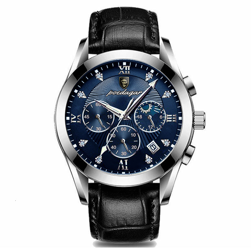 POEDAGAR Men's Multi Function Chronograph Quartz Watch Designer Wristwatch Leather Steel Strap Moon Phase Diamond Waterproof Luminous Business Ca