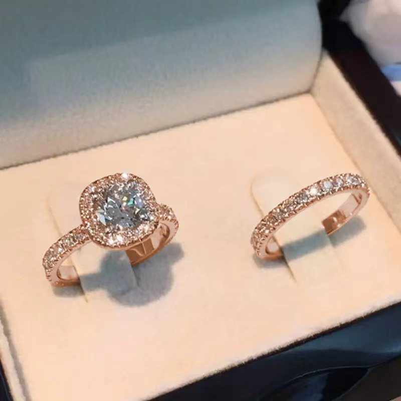 Wedding Rings 2pcs/Set Luxury Crystal Female AAA Zircon Stone Super Flash Diamond Ring Set Fashion Bridal Ultra Sparkling Jewellery Wedding Sets for W - view 4