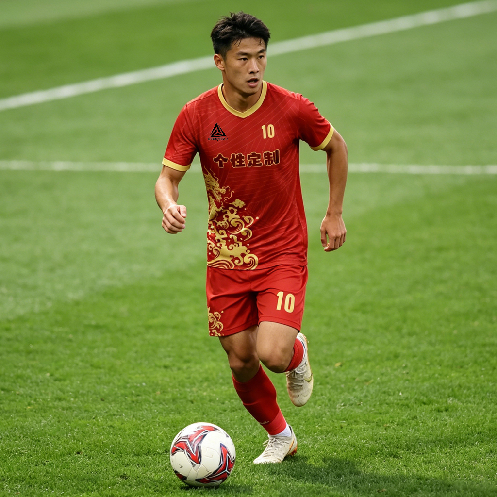 Red Gold Dragon Pattern Soccer Uniform Customizable Short Sleeve Football Jersey Shorts KitQuick Dry Sportswear for Men Women Training Matches - view 4