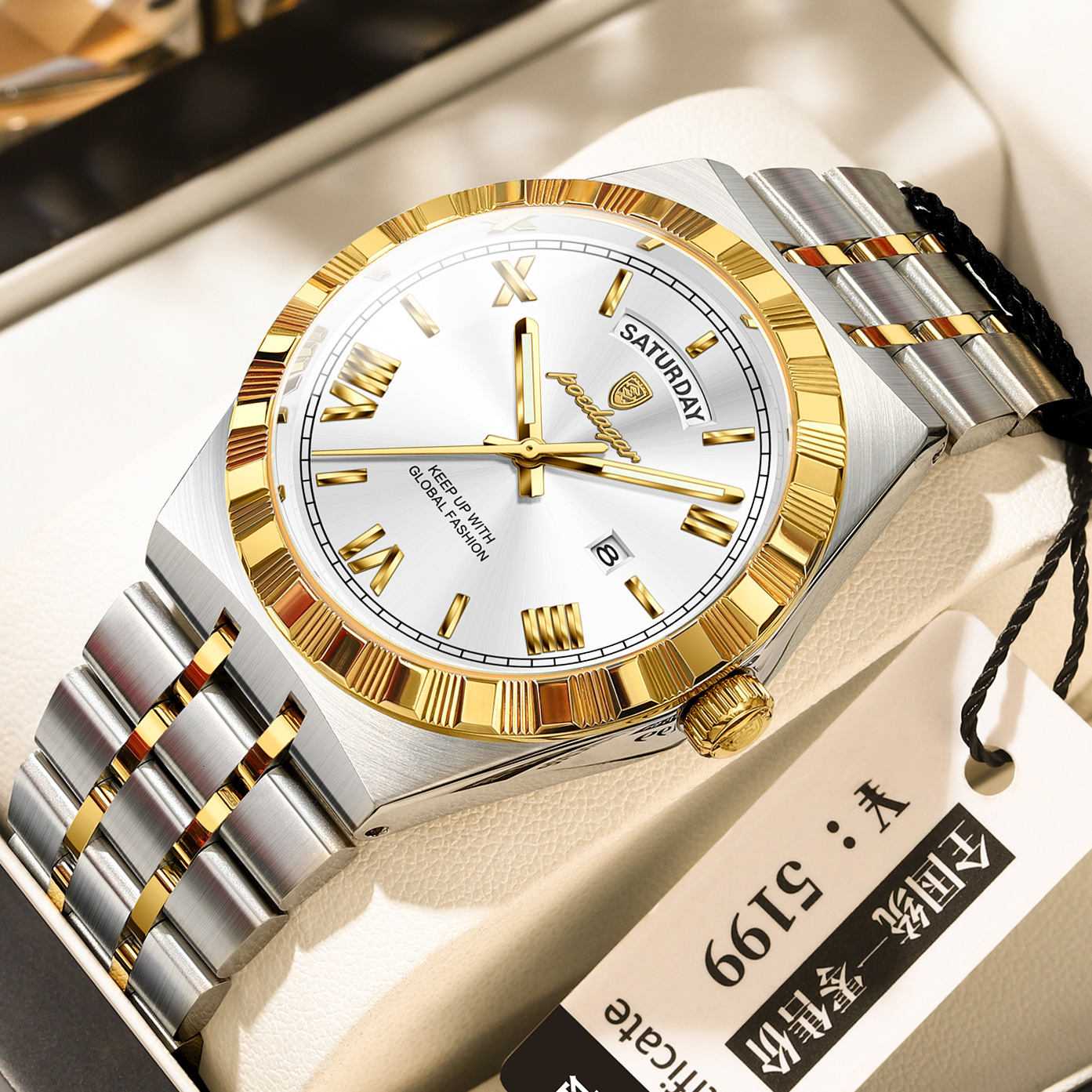 2026 Men's POEDAGAR Steel Designer Fluted Stainless Bezel Roman Numeral Quartz Watch Luxury Waterproof Luminous Business Casual Wristwatch