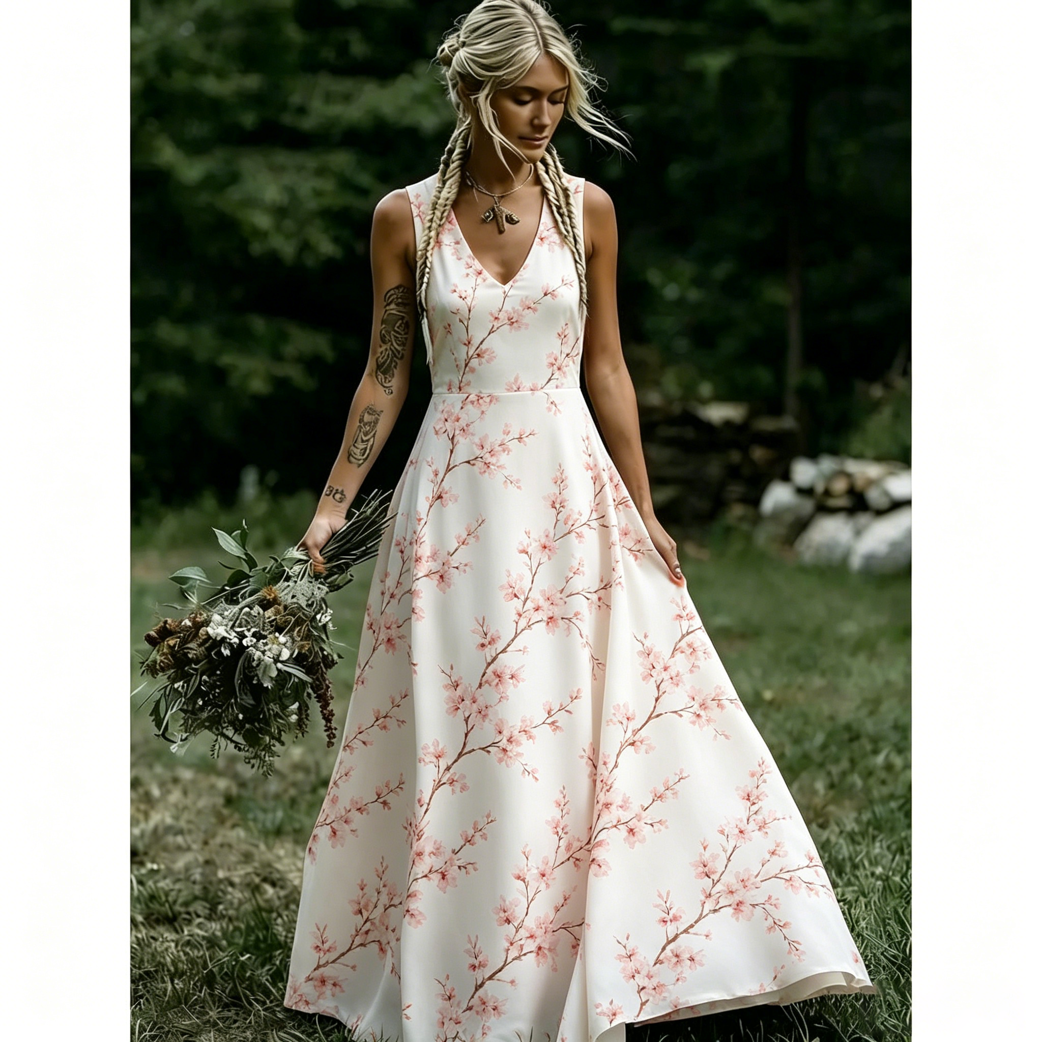 Women's Ivory Cherry Blossom Print Maxi Dress Sleeveless V Neck A Line Flowy Boho Wedding Guest Vacation Dress