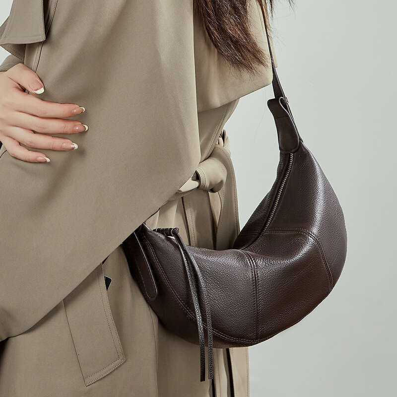 Top Layer Cowhide Horn Dumpling Bag Solid Color Soft Leather Niche Style Women Single Shoulder Crossbody Commuter Bag SENYY