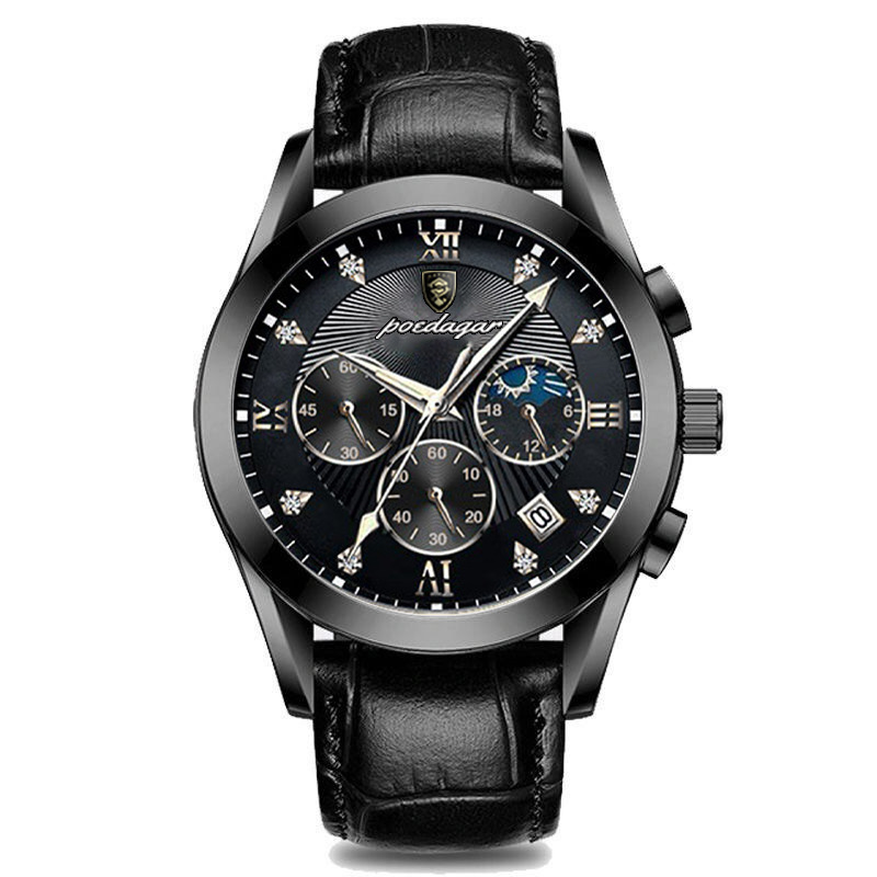 POEDAGAR Men's Multi Function Chronograph Quartz Watch Designer Wristwatch Leather Steel Strap Moon Phase Diamond Waterproof Luminous Business Ca