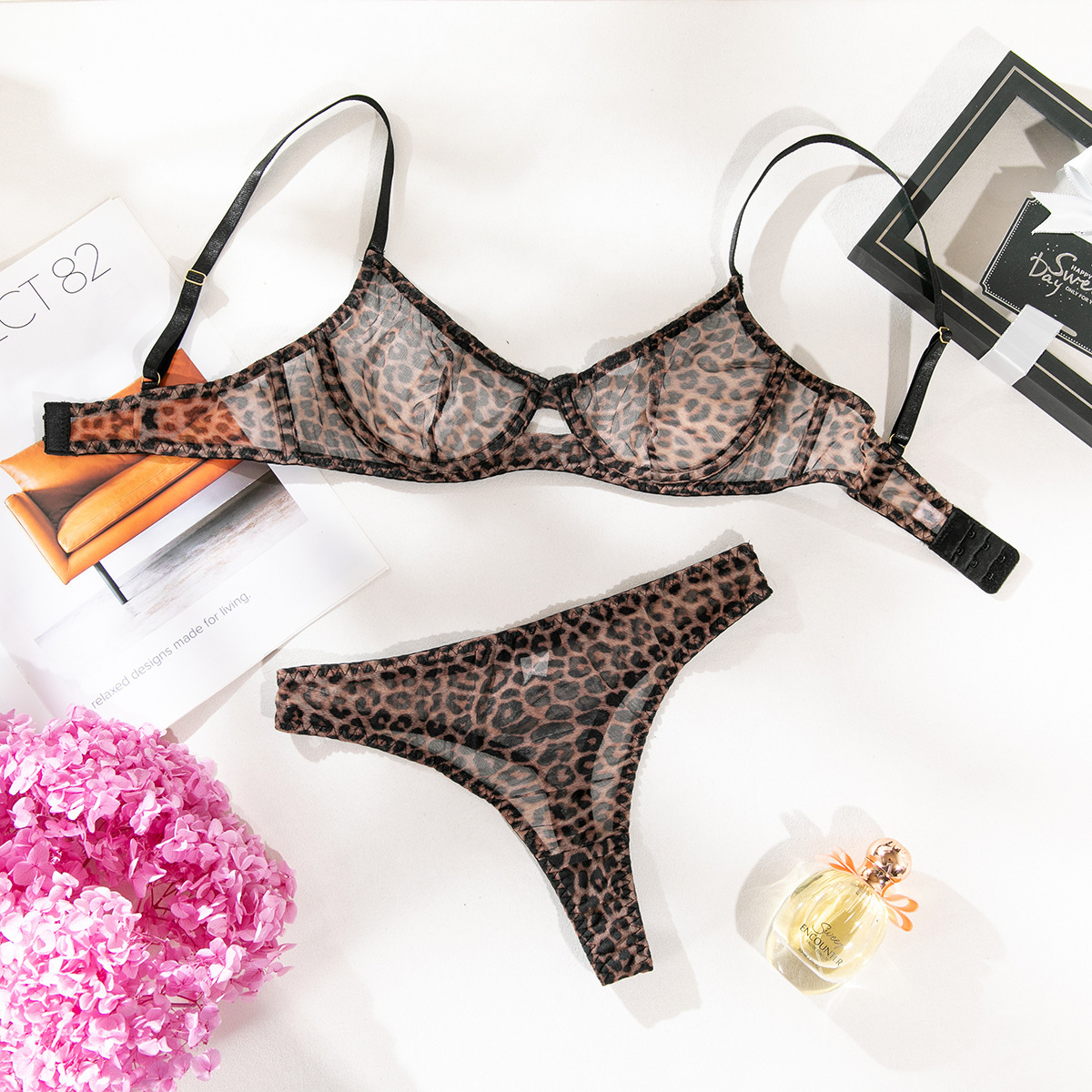 Bras Sets Leopard Printed Underwire Bra And Panty Set Women Sexy Lingerie Transparent Push Up Outfit Lace Underwear