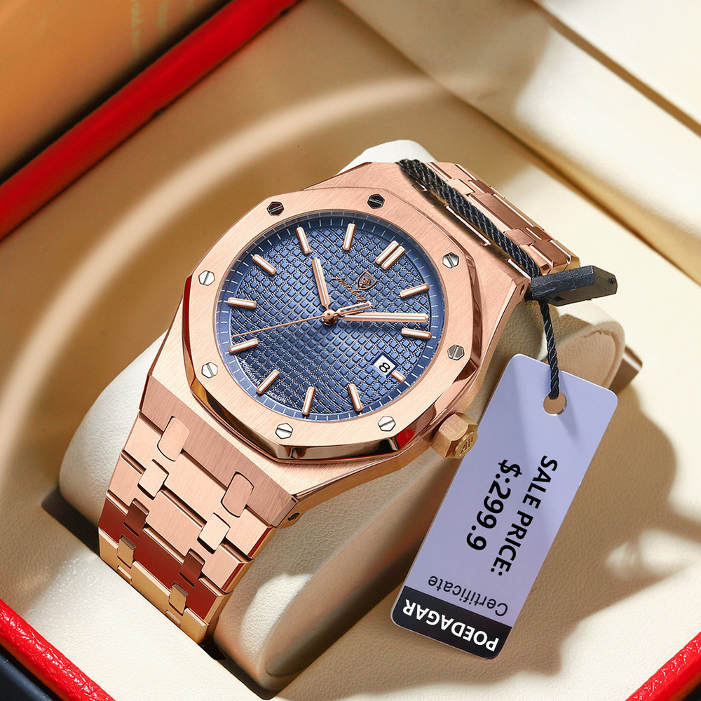 Steel Mens Octagonal Luxury Sapphire POEDAGAR Stainless Glass Grid Dial Designer Wristwatch Waterproof Business Casual Quartz Watch