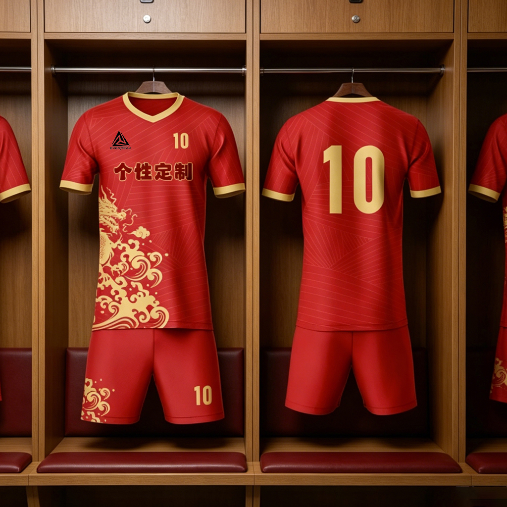 Red Gold Dragon Pattern Soccer Uniform Customizable Short Sleeve Football Jersey Shorts KitQuick Dry Sportswear for Men Women Training Matches - view 5