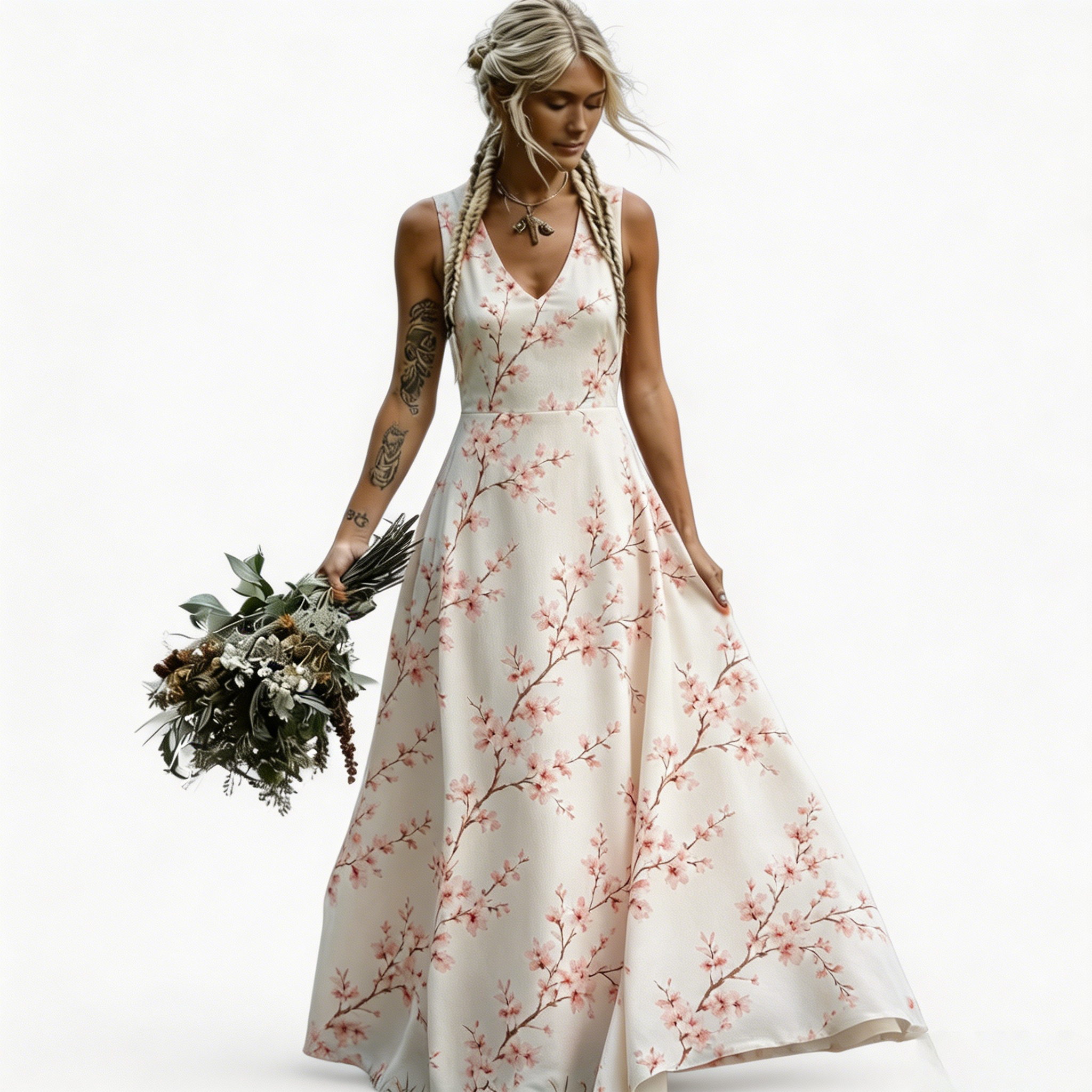 Women's Ivory Cherry Blossom Print Maxi Dress Sleeveless V Neck A Line Flowy Boho Wedding Guest Vacation Dress