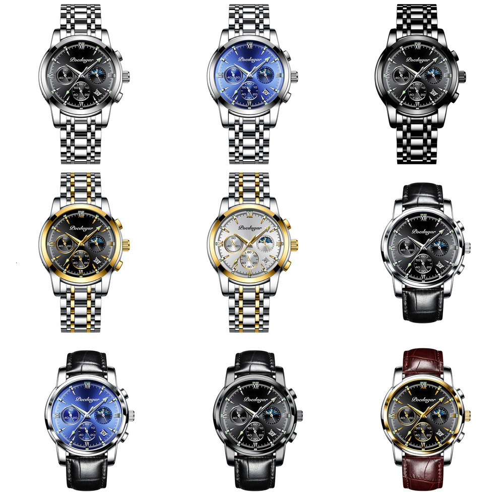 Multi Mens Chronograph Luxury 2026 POEDAGAR Strap Moon Phase Designer Wristwatch Fashion Waterproof Luminous Business Casual Quartz Watch