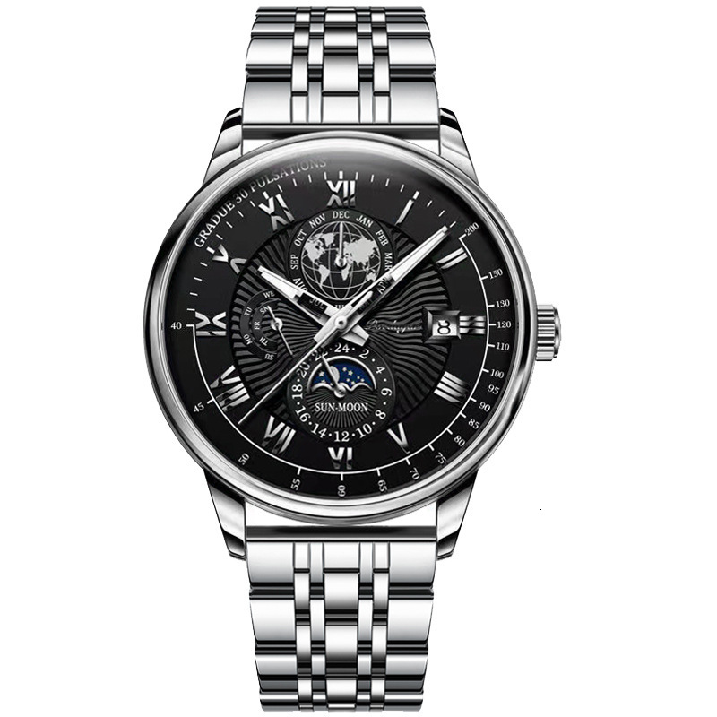 Steel Stainless POEDAGAR Luxury Men's Skeleton 2026 Moon Phase Chronograph Quartz Watch Designer Wristwatch Waterproof Luminous Business Calendar