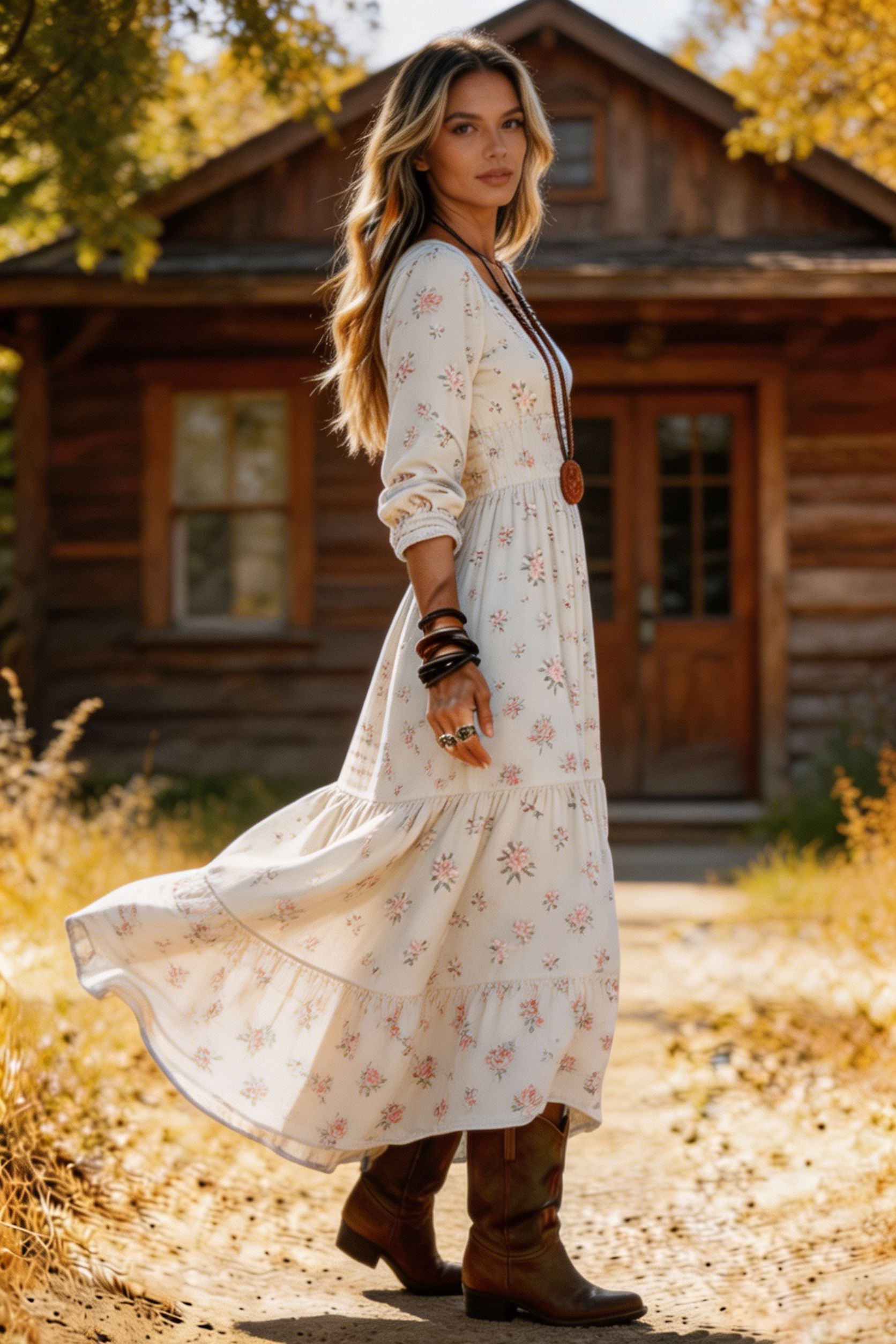 Women's Cream Ditsy Floral Tiered Maxi Dress Deep V Neck Long Sleeve High Waist Boho Casual Vacation Dress