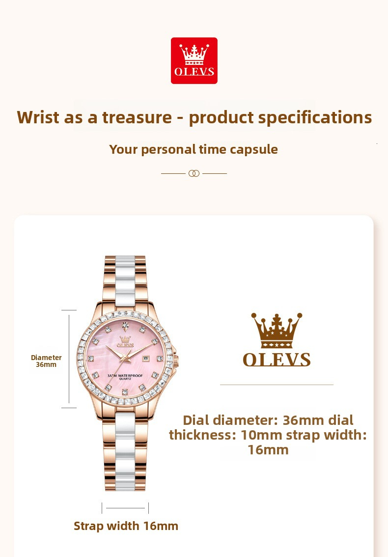 OLEVS Luxury Womens Designer Watch Diamond Bezel Ceramic and Stainless Steel Strap Mother of Pearl Dial Date Display Waterproof Quartz Wristwatch for 