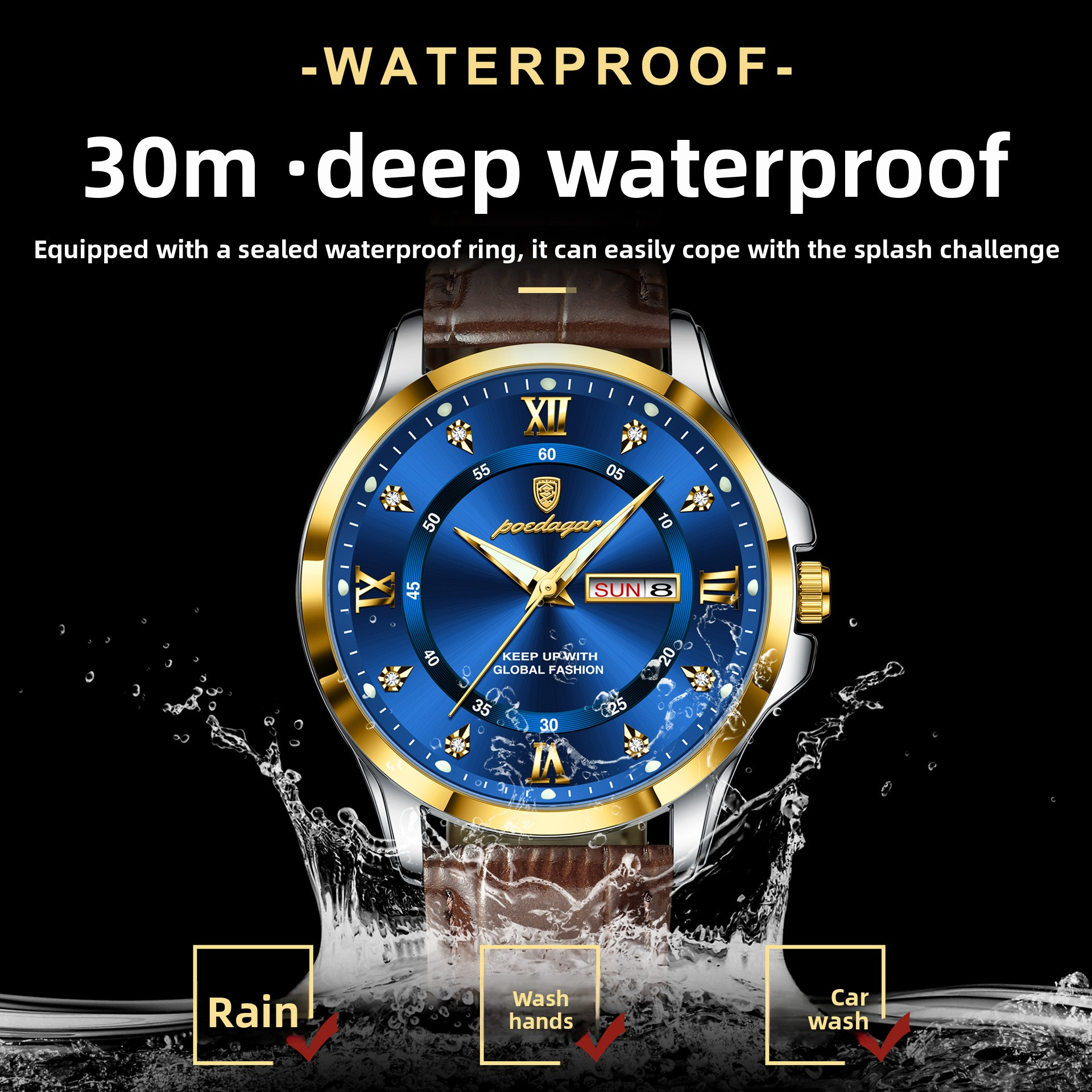 POEDAGAR Luxury Men's Leather Strap Dual Calendar Quartz Watch Designer Wristwatch Diamond Inlay Roman Numeral Waterproof Luminous Student Busine