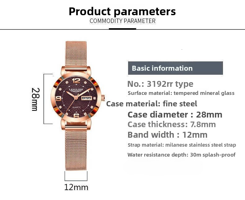 LLS Swiss Style Luxury Womens Slim Quartz Watch Designer Wristwatch Day Date Waterproof Luminous Fashion Elegant Modern Timepiece