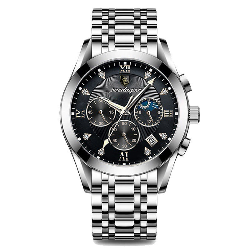 POEDAGAR Men's Multi Function Chronograph Quartz Watch Designer Wristwatch Leather Steel Strap Moon Phase Diamond Waterproof Luminous Business Ca