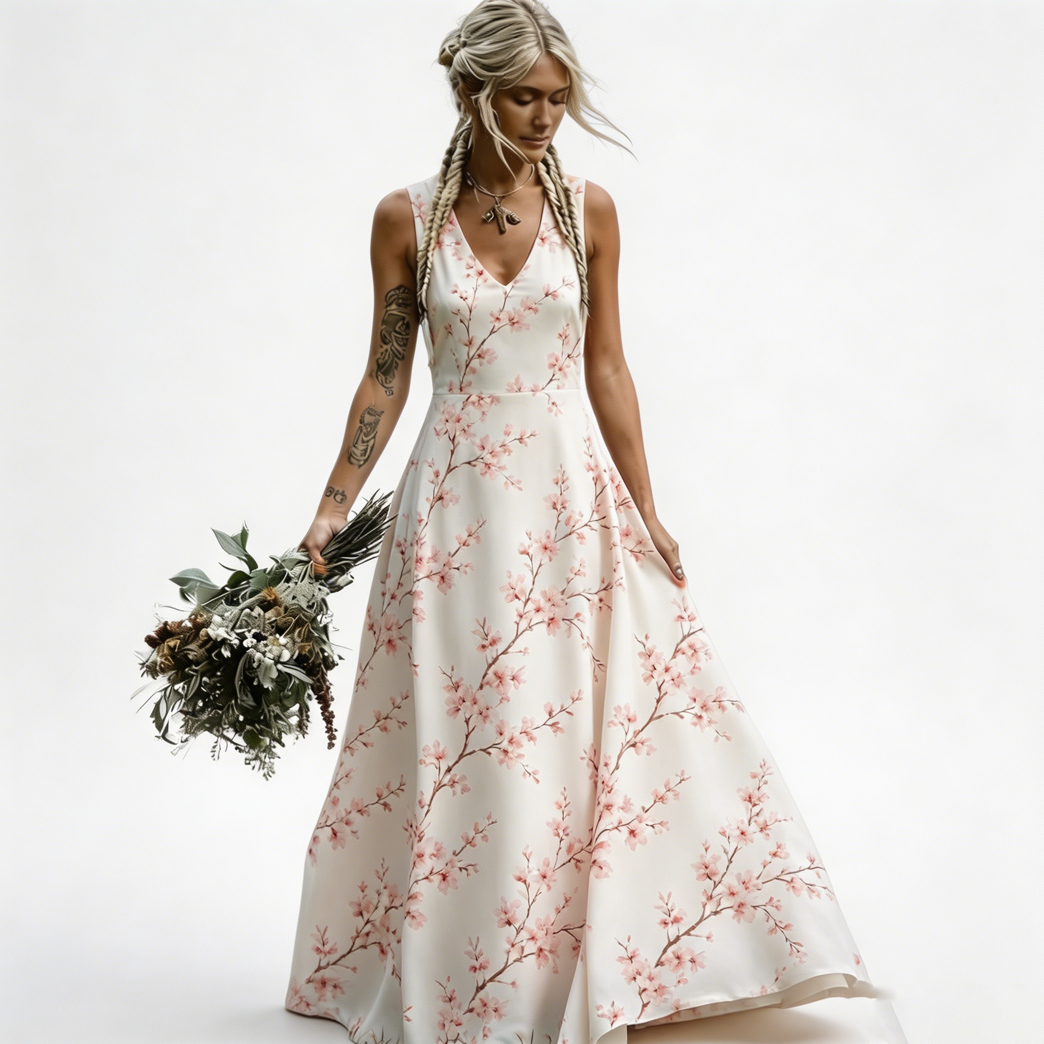 Women's Ivory Cherry Blossom Print Maxi Dress Sleeveless V Neck A Line Flowy Boho Wedding Guest Vacation Dress
