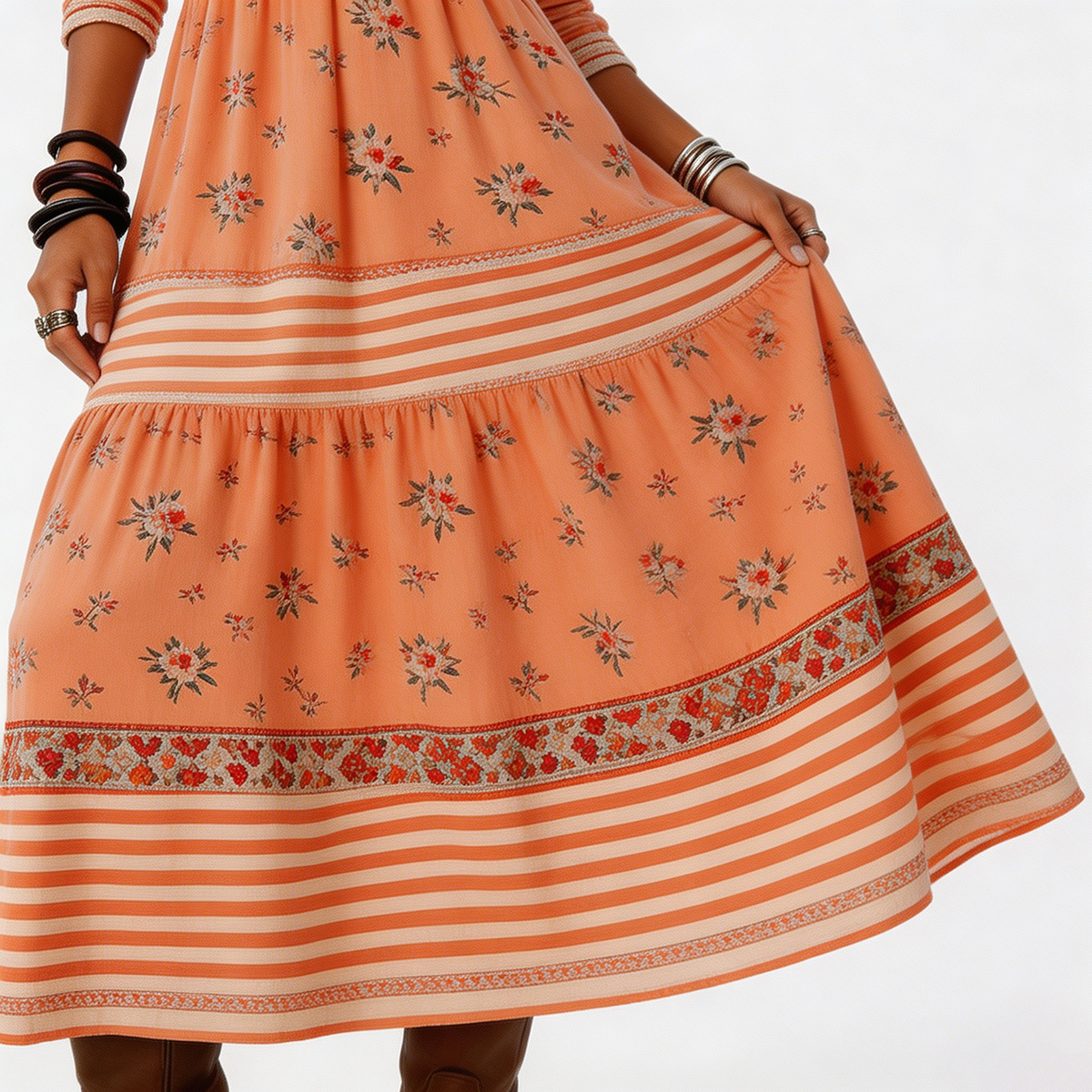 Orange Boho Floral Maxi Dress | Western Vacation Outfit Sunset Striped Tiered Dress | Boho Chic for Fall 2026
