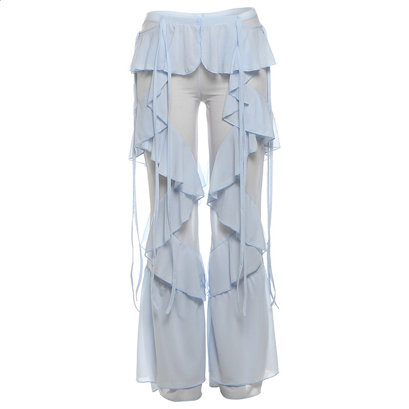 Women Ruffle Flare Pants y2k Solid Low Rise Stretch Bell Bottom Trousers Rave Club Streetwear 240809