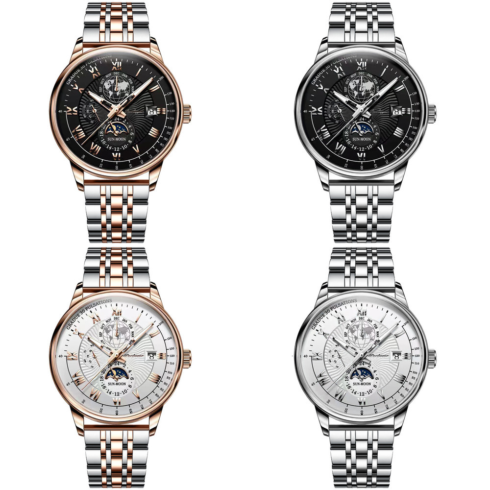 Steel Stainless POEDAGAR Luxury Men's Skeleton 2026 Moon Phase Chronograph Quartz Watch Designer Wristwatch Waterproof Luminous Business Calendar