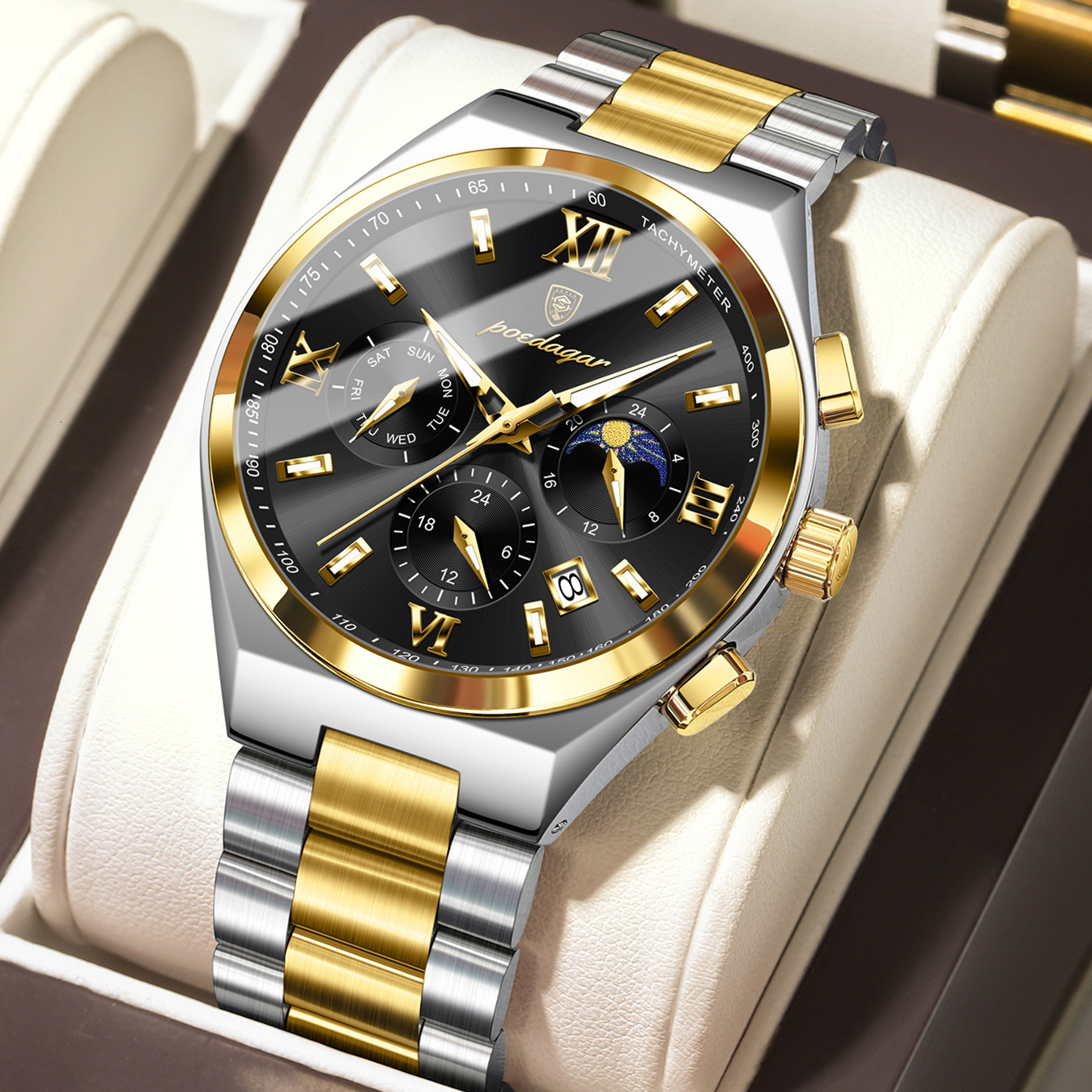 Luxury Chronograph 2026 Steel Mens POEDAGAR Stainless Moon Phase Designer Wristwatch Fashion Waterproof Luminous Business Quartz Watch