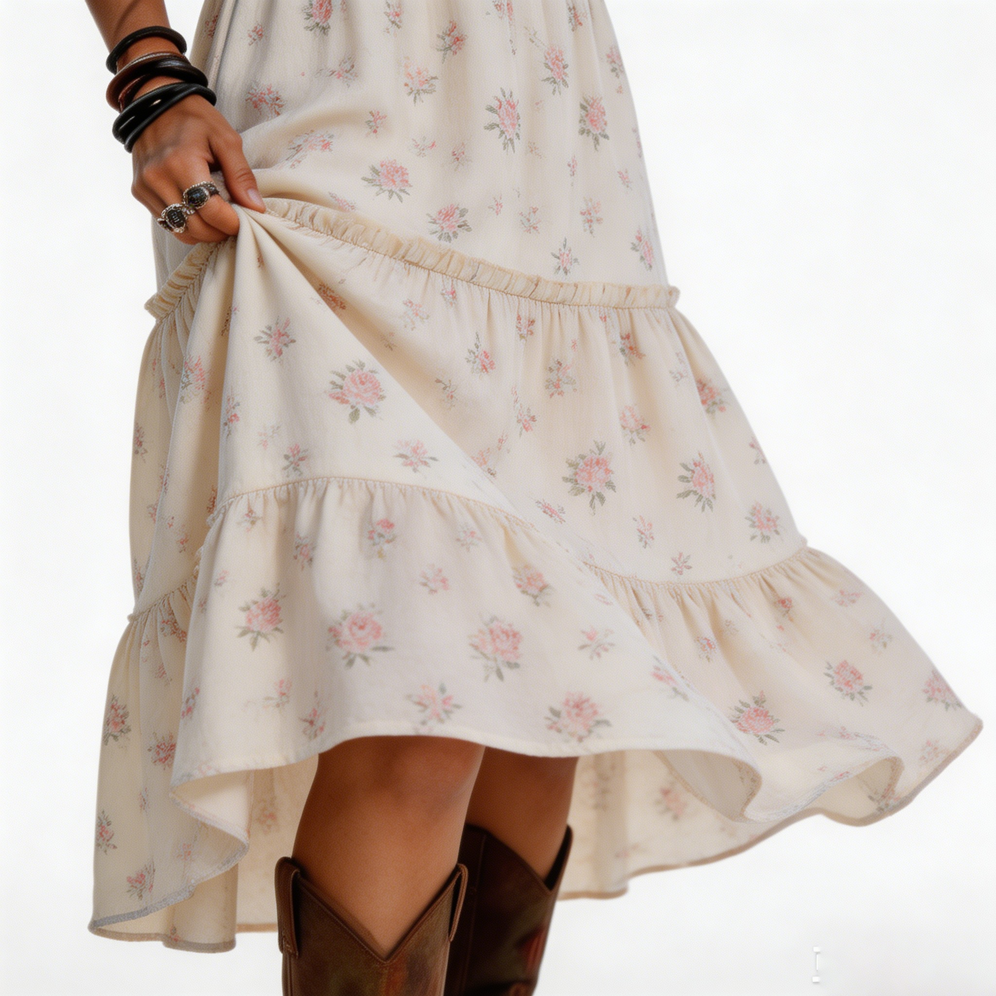 Women's Cream Ditsy Floral Tiered Maxi Dress Deep V Neck Long Sleeve High Waist Boho Casual Vacation Dress
