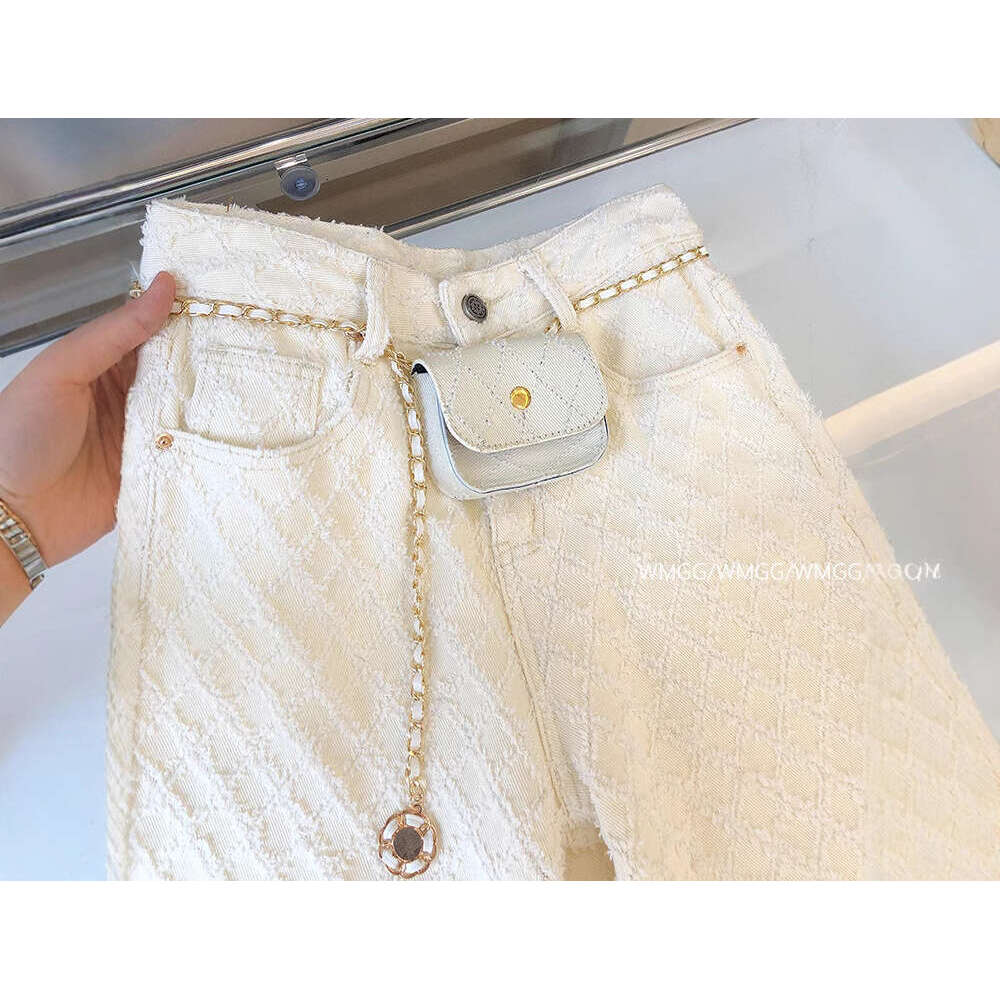 Stylish Chan Inspired Plaid White Straight-Leg Jeans For Women, Spring/Summer, Loose-Fitting, Slimming, Wide-Leg, Floor-Length Pants Makoufei - view 5