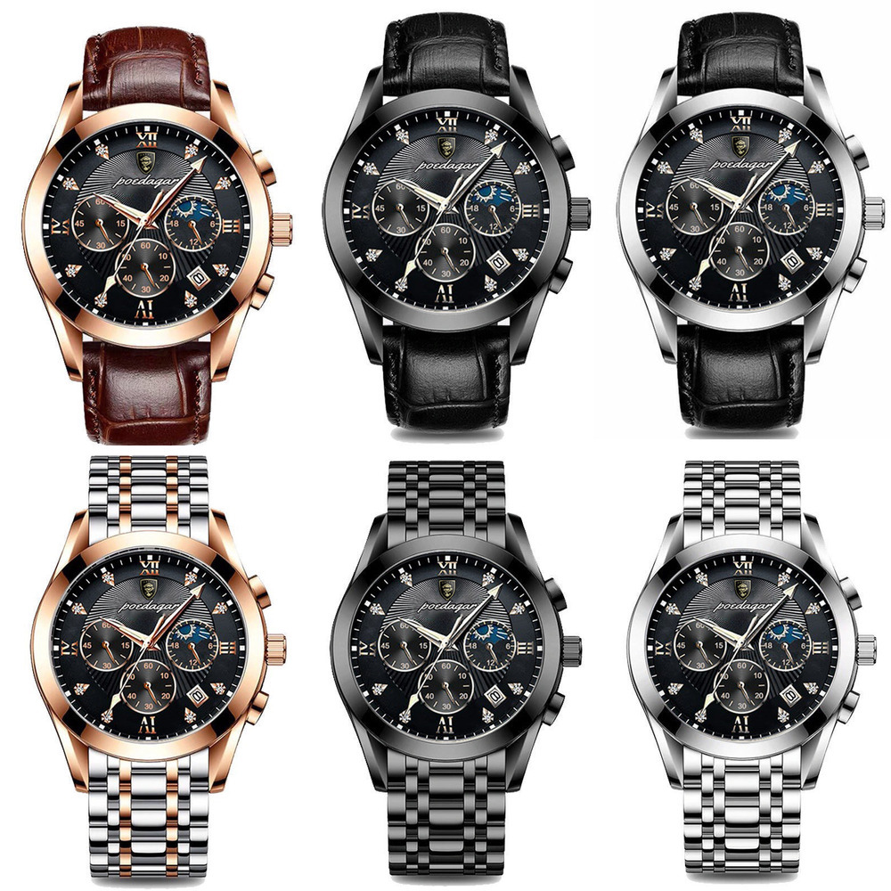 POEDAGAR Men's Multi Function Chronograph Quartz Watch Designer Wristwatch Leather Steel Strap Moon Phase Diamond Waterproof Luminous Business Ca