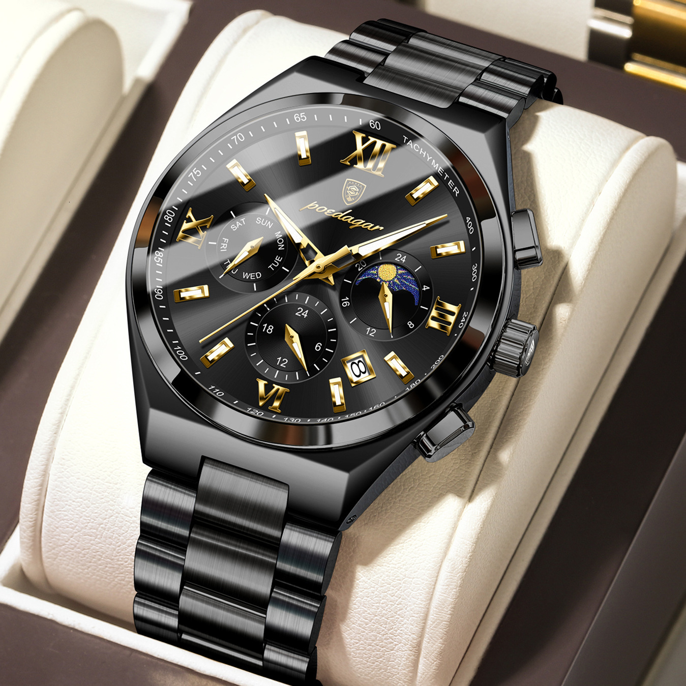 Luxury Chronograph 2026 Steel Mens POEDAGAR Stainless Moon Phase Designer Wristwatch Fashion Waterproof Luminous Business Quartz Watch