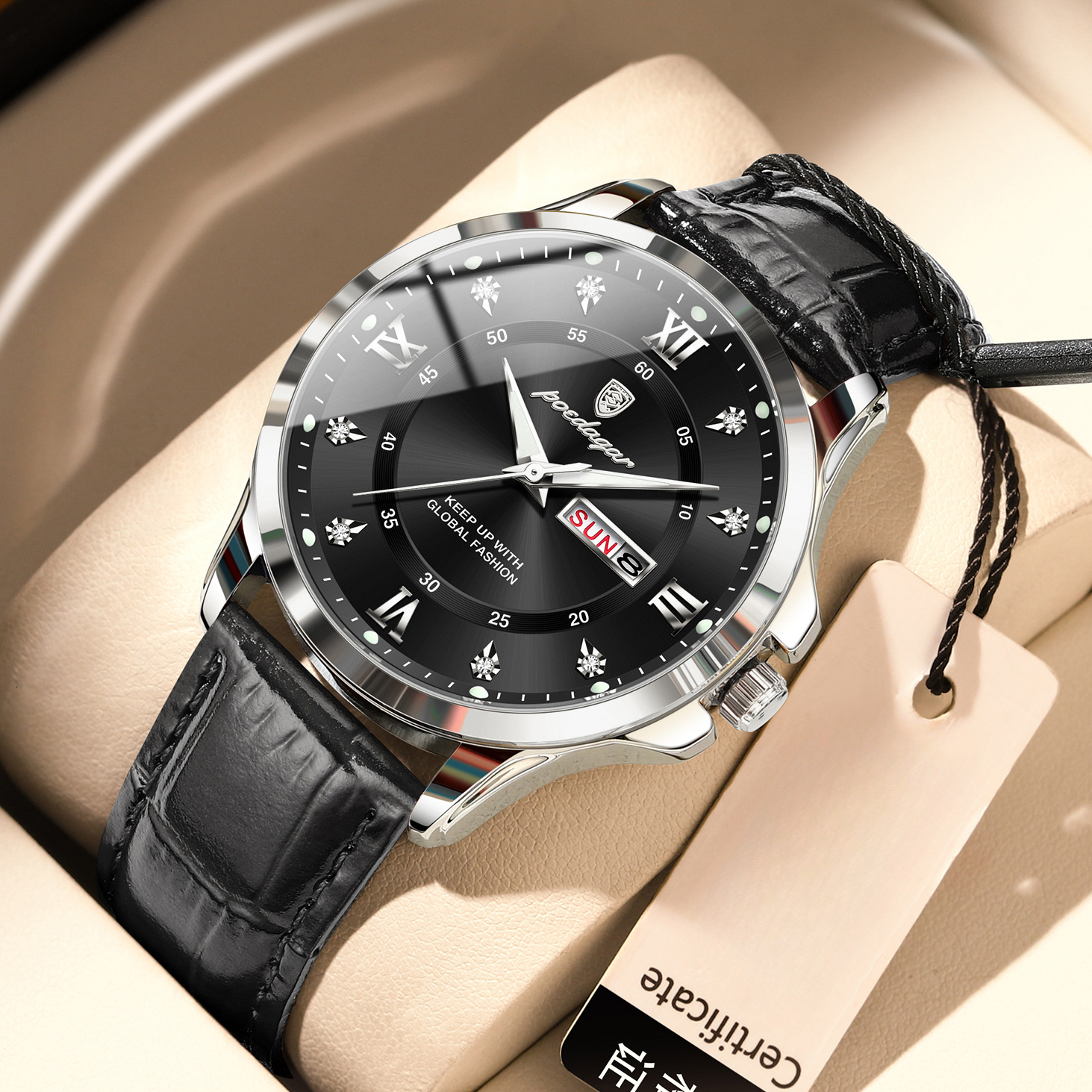 POEDAGAR Luxury Men's Leather Strap Dual Calendar Quartz Watch Designer Wristwatch Diamond Inlay Roman Numeral Waterproof Luminous Student Busine