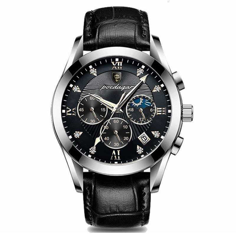 POEDAGAR Men's Multi Function Chronograph Quartz Watch Designer Wristwatch Leather Steel Strap Moon Phase Diamond Waterproof Luminous Business Ca