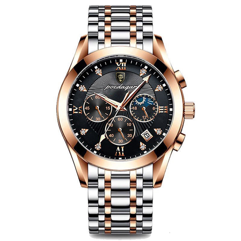 POEDAGAR Men's Multi Function Chronograph Quartz Watch Designer Wristwatch Leather Steel Strap Moon Phase Diamond Waterproof Luminous Business Ca