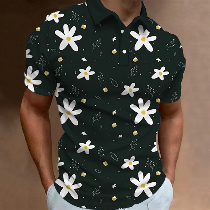 Mens Polo Shirt Summer Casual Short Sleeve Flower Print Buttons Polo Shirts Tops Fashion Pullover Tshirts Male Golf Wear 260529 - view 5