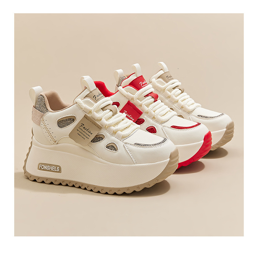 Womens White Beige Rhinestone Chunky Platform Sneakers Lace Up Casual Dad Shoes