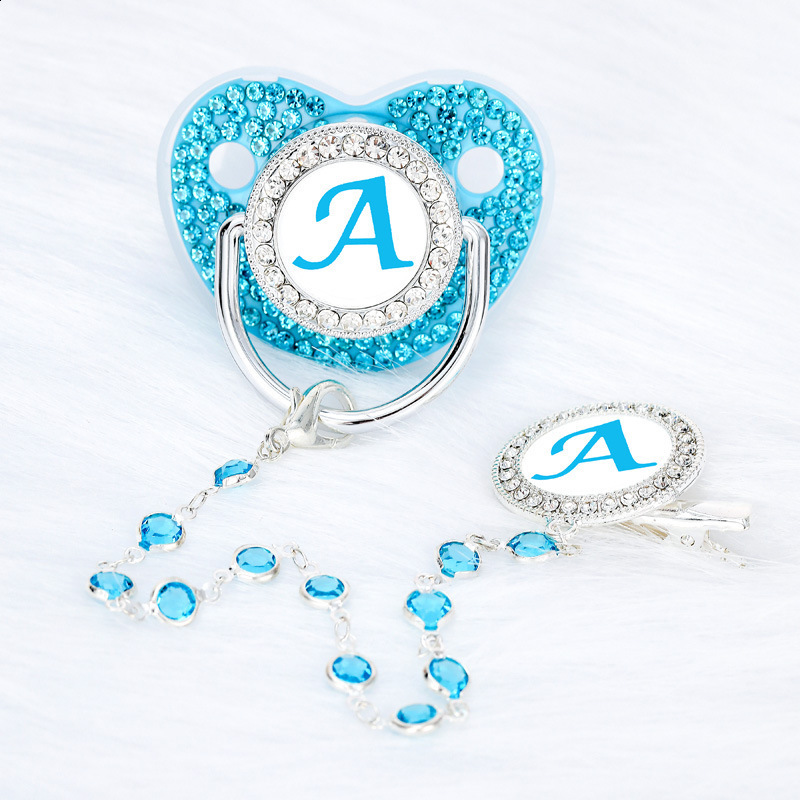 26 Letters Bling Blue Baby Pacifier with Gem Bead Chain Gem Clip /Teether Toy 251107