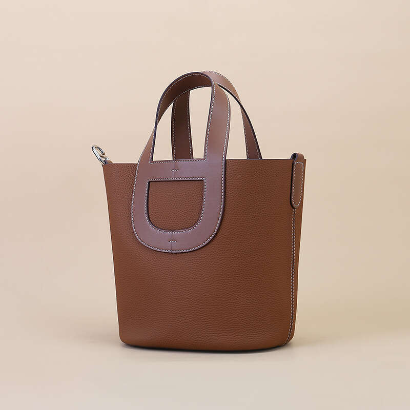 New Top Grade Cowhide Pig Nose Bucket Bag, Genuine Leather Togo Basket Handbag, Multifunctional Shoulder Crossbody Bag for Women Daily Wear SENYY
