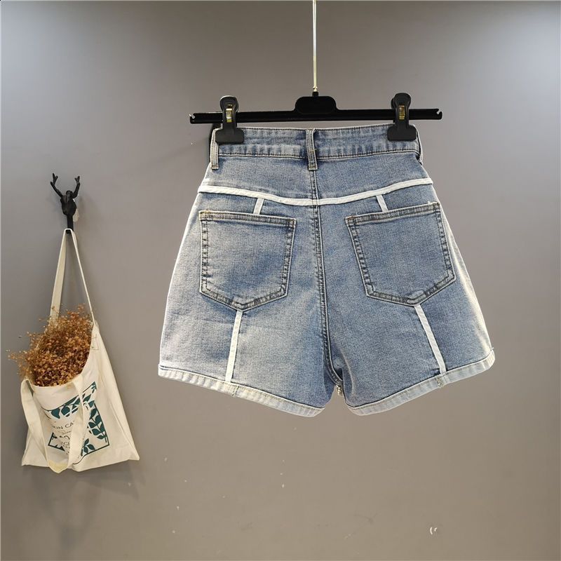 European-style color-blocked elastic high-waisted wide-leg shorts niche color-blocked chic denim hot pants for women200701